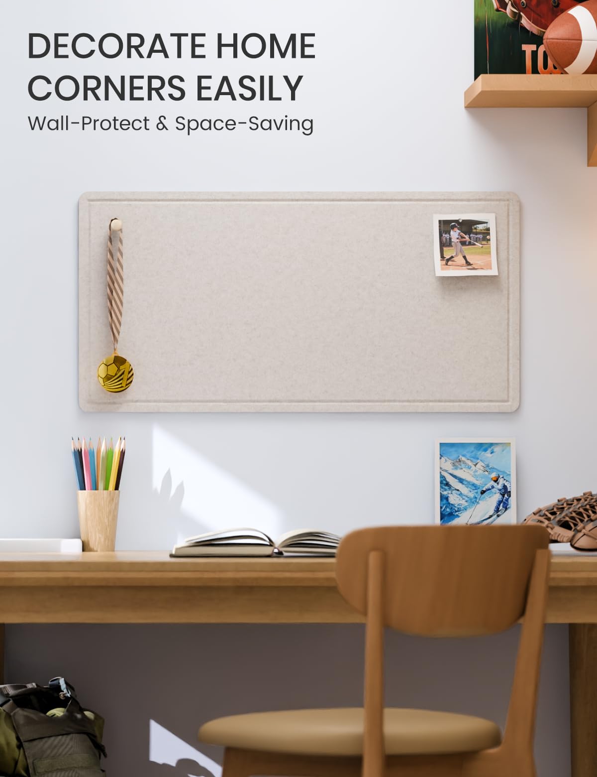Fluxynara Bulletin Board, 35" x 17.5" Cork Board Alternative with 12 Safe Removable Adhesive Tabs, Foldable Felt Pin Board for Home Office, Classroom, Bedroom,Entryway for Walls—Oatmeal