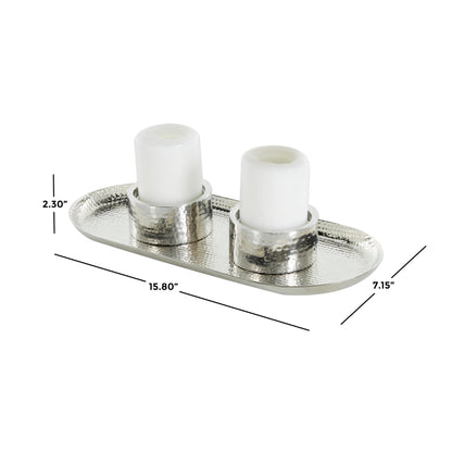 Deco 79 Stainless Steel Metal Decorative Candle Holder Hammered Candle Stand with Oval Tray Plate, Candlestick Holder 16" x 7" x 2", Silver