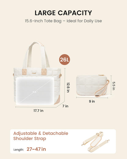 LOVEVOOK Laptop Tote Bag for Women, 15.6 Inch Large Puffer Work Computer Tote Bags for Teacher Nurse, Quilted Women's Purse Tote Shoulder Handbags with Zipper for Travel College Office Gym, Beige