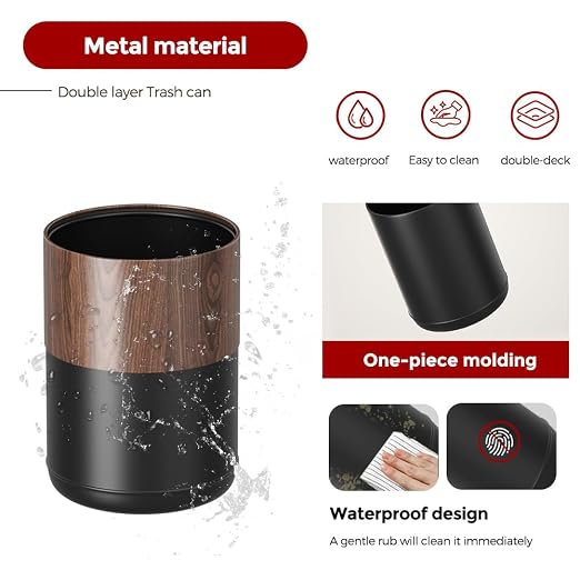 3.1GAL Modern Metal Waste Bin with Realistic Wood Texture,Built-in Bag Holder,Open-Top Trash Bin for Bathroom,Home,Office,Living Room (3.1gal Round)