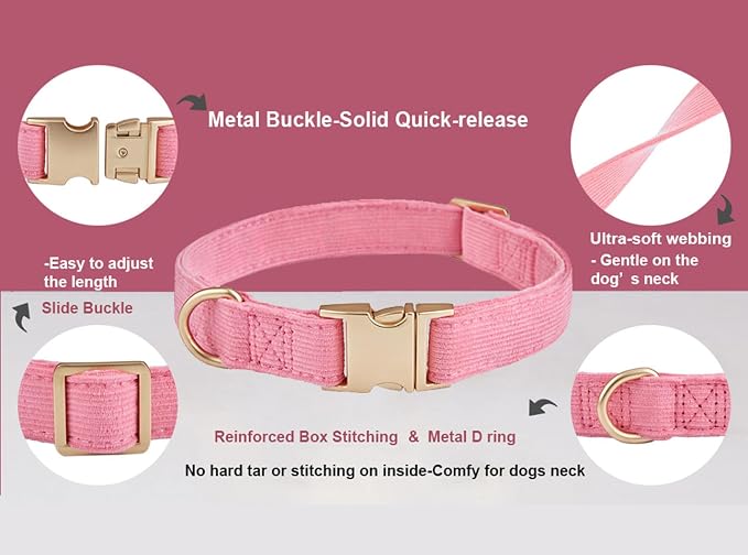 Soft Corduroy Dog Collar and Leash Set Adjustable Durable Dog Collars with Metal Buckle and Lead for Female Small Dogs,Hot Pink