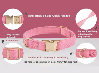 Soft Corduroy Dog Collar and Leash Set Adjustable Durable Dog Collars with Metal Buckle and Lead for Female Small Dogs,Hot Pink
