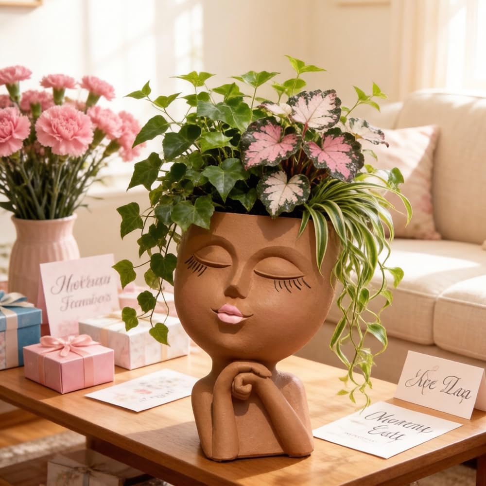 Face Planters Pots Head Planter, Air Plant Holder, Funny Plant Pots, Cute Small Succulent Flower Pot with Drainage for Indoor/Outdoor Plants, Home Garden Gift for Plant Lover, Unique Vase Art Decor 7"