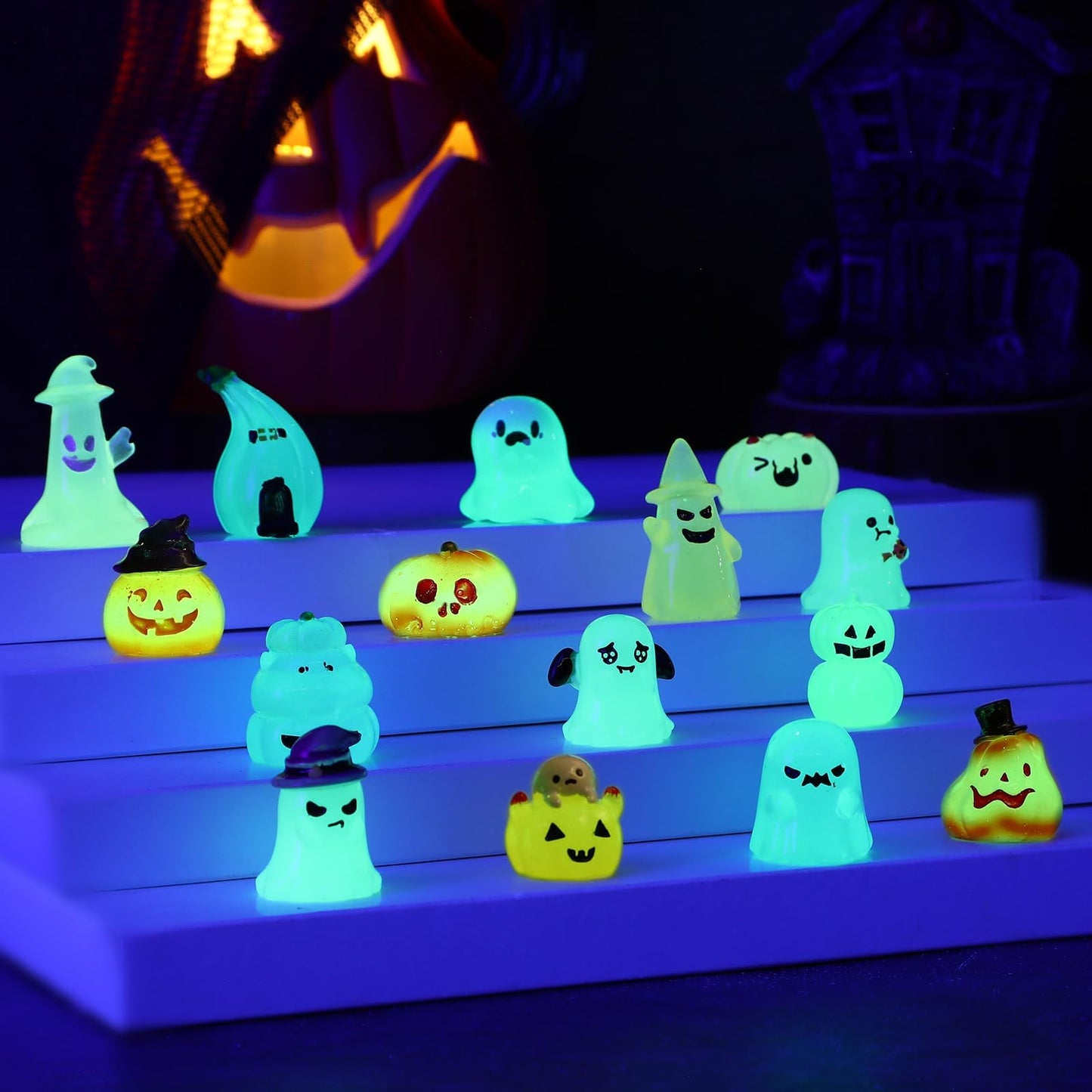 Jansun 45pcs Halloween Luminous Mini Resin Figurines, Glow in The Dark Pumpkin Ghosts Decorations for DIY Crafts Halloween Party Gifts Garden Dollhouse Decor Table Decoration(15 Style)
