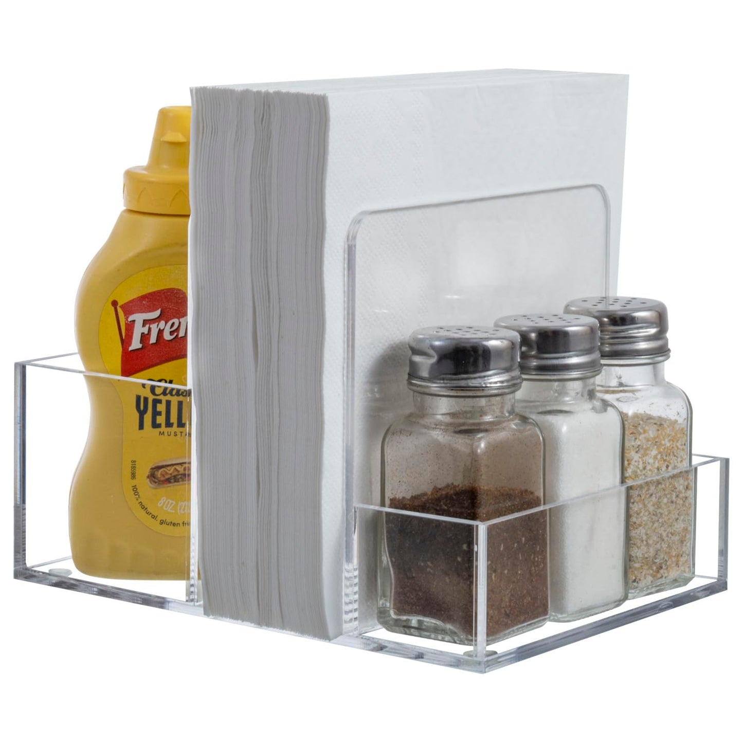 MyGift 2-in-1 Acrylic Napkin Holder with Salt and Pepper Shakers, Metal Vintage Scrollwork Dinner Table Paper Towel Condiment Holder with Rustic Solid Wood Base (Premium Clear Acrylic)