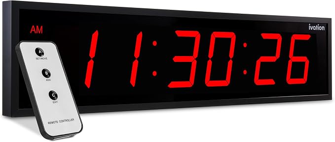 Ivation Oversized Large Digital Wall Clock - Big LED Digital Clock w/Large Display & Durable Aluminum Frame, Shelf or Wall Mount (36 Inch - Red) 6 Brightness Levels | Time Memory | Remote