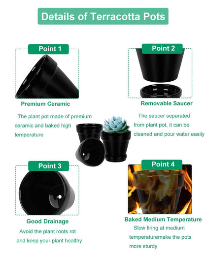 vensovo 4 Inch Black Ceramic Pots for Plant with Saucer - 6 Pack Small Ceramic Planter with Drainage Hole, Flowerpot with Tray, Great for Indoor Outdoor Plants, Crafts, Wedding Favor