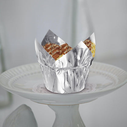 HARFINGTON 50Pcs Tulip Cupcake Liners Standard Aluminum Foil Baking Cups Greaseproof Wrappers Disposable for Birthday Banquets Party, Silver Tone