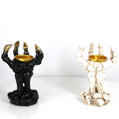 Halloween Gothic Skeleton Hand Candle Holder – Resin Skeleton Hands Decor for Rings, Necklaces, Bracelets, and Taper Candles – Spooky Skull Hand Organizer & Dark Home Office Decoration (White)