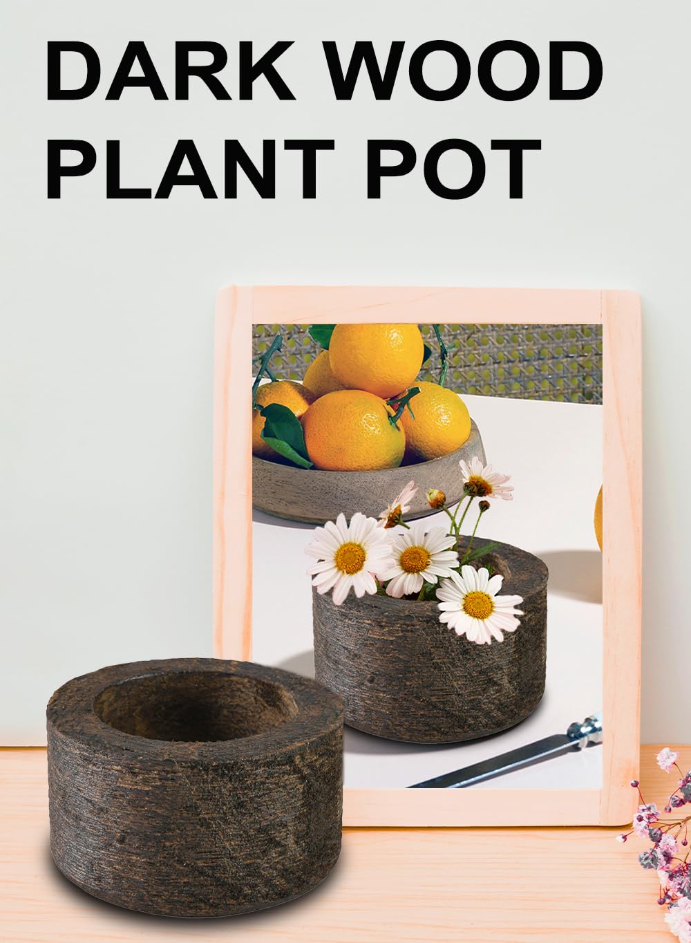 Serene Spaces Living Dark Wood Plant Pot - 2.8" x 4.5" - Stylish Indoor Wooden Pot Perfect for Small Plants, Succulents, and Home Decor Accents, Food Safe