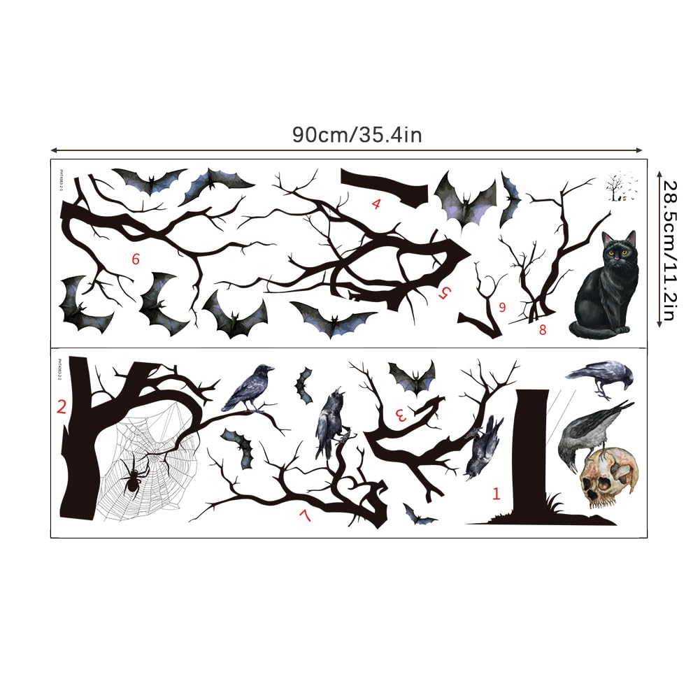 Halloween Horror Tree Wall Decals Scary Gothic Black Crow Bat Cat Wall Stickers Halloween Wallpaper Peel and Stick Removable Wall Art Decal for Bedroom Living Room