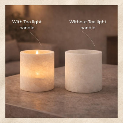 Single White Alabaster Candle Holder - Egyptian Tealight and Votive Candles Holders with Amber Glow for Home Décor - Natural Stone Soothing Tranquil