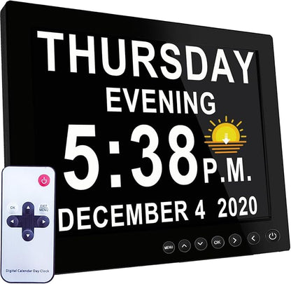 MASSII 8 Inch Large Dementia Clock 28 Alarms with Auto DST, 20 Custom Reminders,10 Levels Auto Dimmer, 6 Display Modes, Digital Clock with Date and Time, 8" Black with Remote