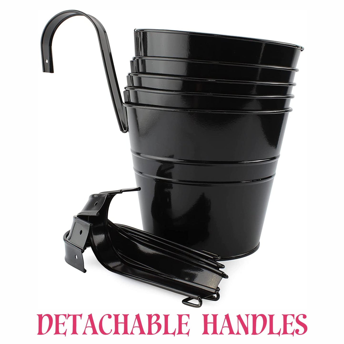 Darware 5-Pack of 6-Inch Black Metal Hanging Flower Pots with Drainage Holes for Indoor/Outdoor Use