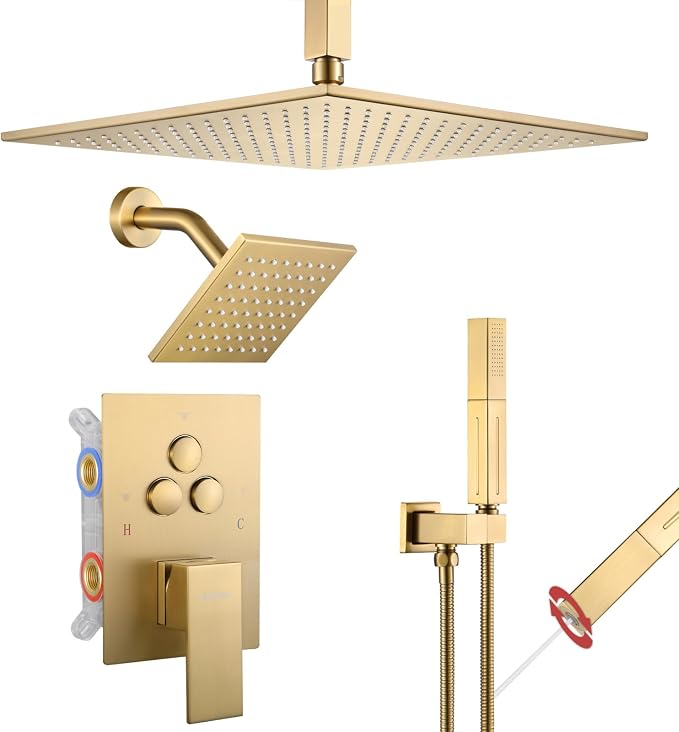 VANFOXLE Brushed Gold Shower System, Push Button Pressure Balance Shower Valve, Ceiling Mount Thick 12" Shower Head, 6" Shower Head, 2-in-1 Handheld, High Pessure Self-Cleaning for Modern Bathroom