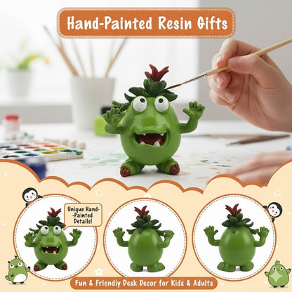 GoGnome Cute Green Monster Resin Figurine Indoor Outdoor Garden Statue Whimsical Funny Desk Decor - Little Alien Creature with Red Flower/Sprout, Unique (Green)