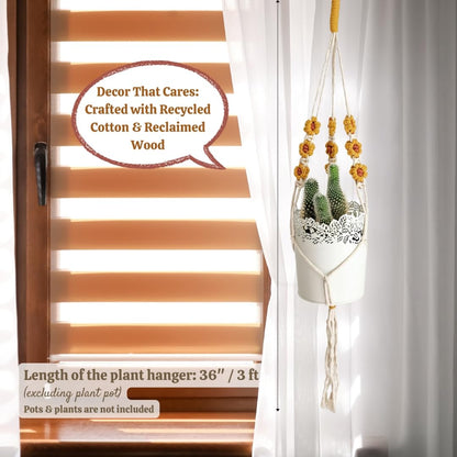 Macrame plant hanger with Daisies | Hanging plant holder | Macrame Plant hangers outdoor and indoor hanging planters Plant stand indoor Boho Decor hanging planter stand/plant shelf (Golden Harvest)