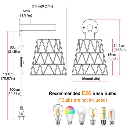 Boho Plug in Wall Sconce Set of 2 – Black Farmhouse Wall Lights with Rattan Shade | Bedroom & Living Room Plug in Wall Lamps for Sofa (5.9FT On/Off Switch Cord)