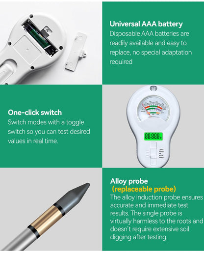6-in-1 Soil Moisture Meter, PH Tester, Soil Moisture, Fertility, Sunshine Intensity, Temperature, Humidity, with Removable Probe for Gardens, Lawns, Farms (Including 1*AAA Batteries) (3)