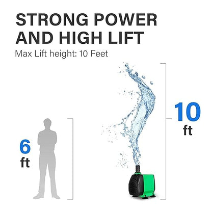 Simple Deluxe 800 GPH Water Table Pump (3000L/H, 24W), Ultra Quiet Fountain Pump with 10 ft, 3 Nozzles for Fish Tank, Pond, Aquarium, Hydroponics, Green