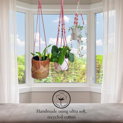 Set of 3 Macrame plant hangers with Daisies & Beads Hanging plant holder Macrame Plant hangers outdoor and indoor hanging planters Plant stand indoor Boho Decor hanging planter stand (Champagne Pink)