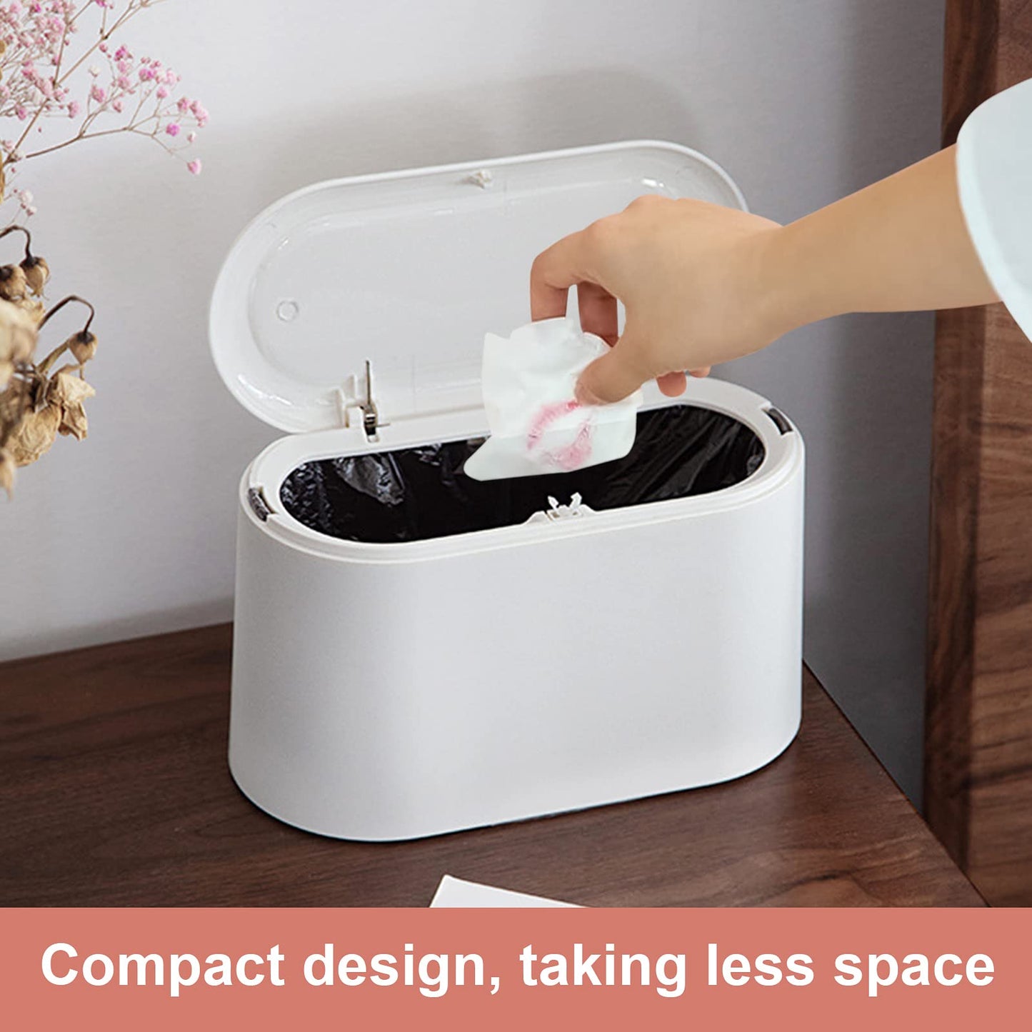 Business King Mini Desk Trash Can with Lid with 90 Pcs Trash Bag, Lint Bin 0.5 Gallon Countertop Waste Bin for Table Tiny Garbage Can for Office Bedroom (White)