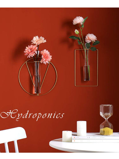 yaocoral Nordic Wall Vase Hanging Geometric Gold Flower Vase Wall Mount Metal Frame Vases Hydroponic Glass Bud Vase Decor for Home Wedding Farmhouse
