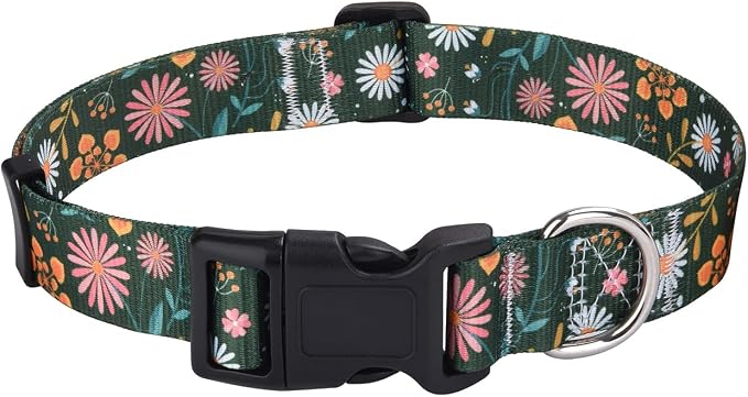 Mihqy Dog Collar with Bohemia Floral Tribal Geometric Patterns - Soft Ethnic Style Collar Adjustable for Small Medium Large Dogs(Dark Green Flower,S)