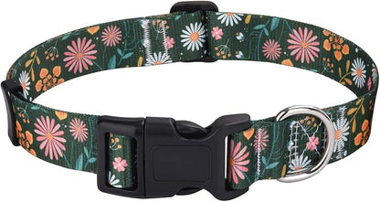 Mihqy Dog Collar with Bohemia Floral Tribal Geometric Patterns - Soft Ethnic Style Collar Adjustable for Small Medium Large Dogs(Dark Green Flower,S)