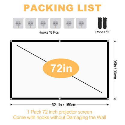 Projector Screen, 72Inch Outdoor Projector Screen, Washable & Foldable - Ideal for Indoor/Outdoor Home Theater, Camping, Office, 16:9 Aspect Ratio, 4K HD, Projector for Movies On Wall