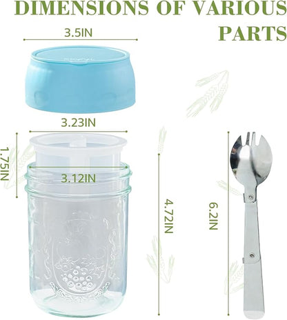 Miuyhji Overnight Oats Containers with Lids, 2-Pack Glass Mason Jars 16 oz with Lids, Folding Spoons and Separated Compartment, for Chia Pudding, Yogurt, Salad, Parfait Cups (Gray/Purple)