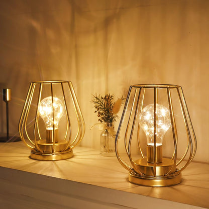 TRIROCKS Set of 2 Metal Battery Operated Lamp 7'' Tall Mini Cage Shape Cordless Table Lamp Battery Lanterns with Warm Fairy Lights Bulb for Patio Garden Wedding Parties Indoor Outdoor(Gold)