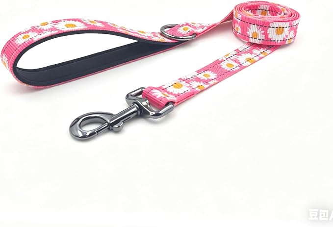 Dog Collar Leash Set, Floral Pattern, with Safety Reflective Strips, 5 ft Matching Leash, Neoprene Padded Handle, Adjustable 4 Sizes for Small Medium Large Dogs.(L, Pink Daisy)