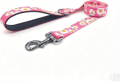 Dog Collar Leash Set, Floral Pattern, with Safety Reflective Strips, 5 ft Matching Leash, Neoprene Padded Handle, Adjustable 4 Sizes for Small Medium Large Dogs.(M, Pink Daisy)