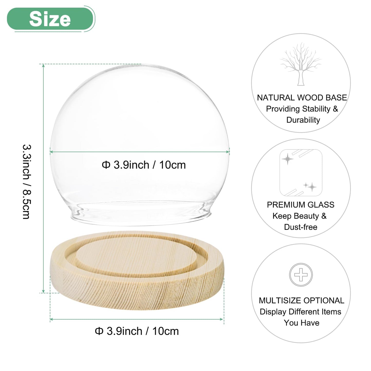 M METERXITY Cloche Glass Dome, D3.9In Ball Jar with Wooden Base for DIY Snow Globes/Small Plants/Flowers/Candles/Models/Souvenirs, Glass Display Case [Wood]