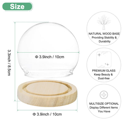 M METERXITY Cloche Glass Dome, D3.9In Ball Jar with Wooden Base for DIY Snow Globes/Small Plants/Flowers/Candles/Models/Souvenirs, Glass Display Case [Wood]