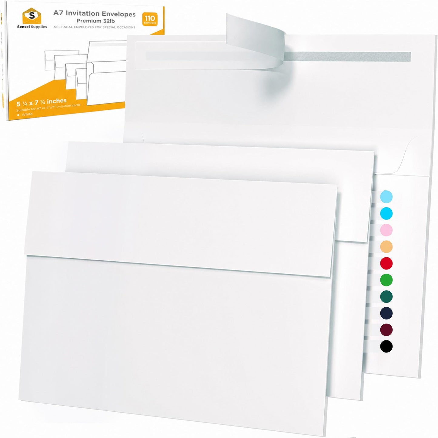 5x7 Envelopes for Invitations - 110 White Envelopes for 5x7 Cards - A7 - (5 ¼ x 7 ¼ inches) - Perfect for Weddings, Graduation, Baby Shower - 120 GSM - Peel, Press & Self Seal - Square Flap