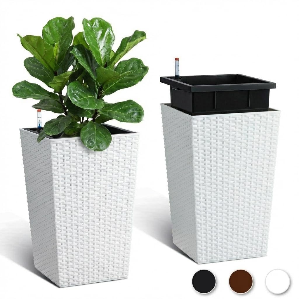MilleLoom Set of 2 Tall 16-Inch Self-Watering Rattan Planters for Indoor & Outdoor – Large White Flower Pots with Drainage, Water Level Indicator & Trays, Modern Patio and Home Décor