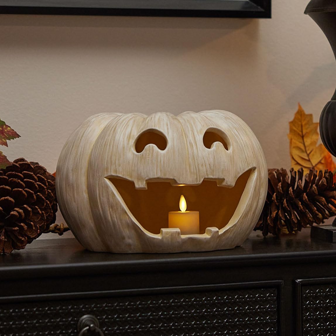Luminara Jack-o'-Lantern Pumpkin Tealight Holder - Perfectly Pale 10"x6.75" - Halloween Dry Brush Resin Fall Home Autumn Harvest Festival Party Decor