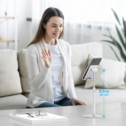 OMOTON Cell Phone Stand, Angle Height Adjustable Phone Holder, Aluminum Desktop Phone Dock for Desk, Compatible with iPhone 17 Pro Max, All Smartphones and Tablets(4-11''), Silver