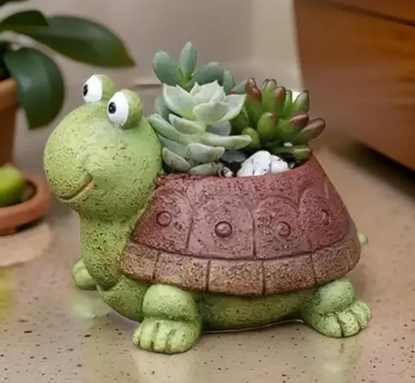 Whimsical Turtle Garden Planter, Green and Brown Resin Succulent Pot, Decorative Animal Shaped Indoor Outdoor Plant Container