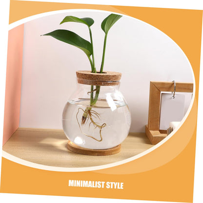 Toyvian Glass Hydroponic Vase with Wooden Base Elegant Propagation Container for Indoor Plants Terrarium Flower Pot for Decor Easy to Clean and Maintain