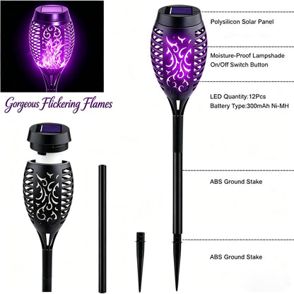 HSKMNFCQF 4 Pack Solar Flame Lights Outdoor, Flickering Flame Torch Lights, IP65 Waterproof Solar Powered Garden Lights for Patio Lawn Yard Pathway Decor (Purple)