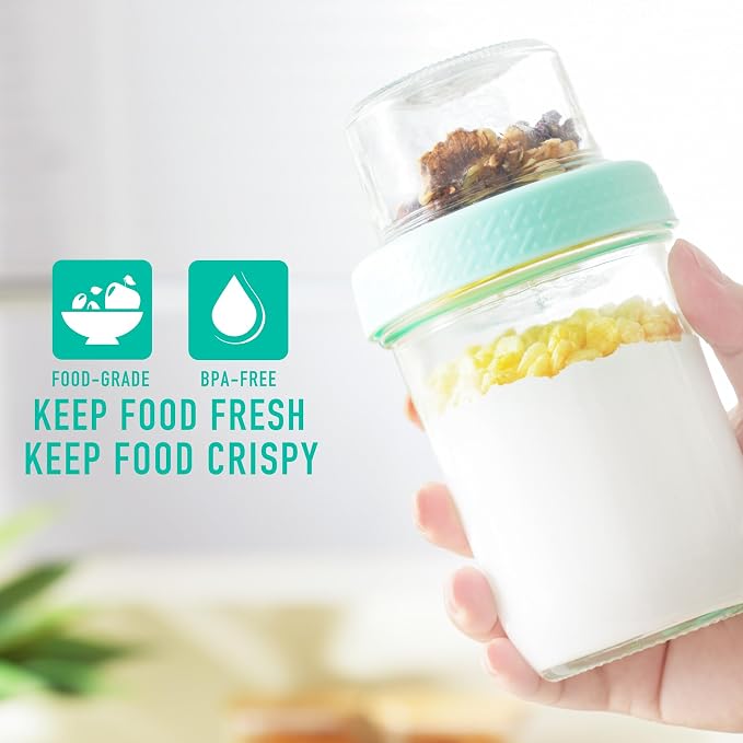 4oz 16 oz Glass Overnight Oats Containers with Lids 6Pack, Yogurt Parfait Cups with Dry and Wet Separation, Breakfast Prep Bowl for Cereal Nut Fruit Meal, To Take Along Oatmeal Salad Smoothie Snack
