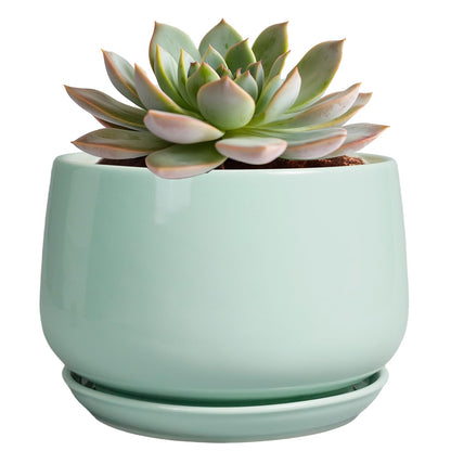 G EPGardening Ceramic Plant Pots - 6 Inch Pot for Plants, Ceramic Planter with Drainage and Saucer, Flower Indoor Outdoor Planter, Modern Bathroom Decor, Birthday Gifts, Green
