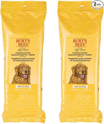 Burt's Bees for Pets Honey Multipurpose Dog Grooming Wipes, Gentle Hypoallergenic Spot Cleaning Sheets, pH Balanced Natural Origin Formula for Paws, Face and Butt, 50 Count - 2 Pack