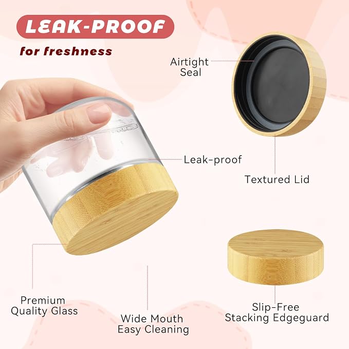 Wresty Empty Clear Glass jars with Airtight Lids Overnight Oats Containers Glass Food Storage Containers Glass Mason Jars For Yogurt Snacks Spice Sugar Jam And More (3 Pcs Bamboo Lids, 300ml/10oz)