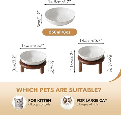 Havniva Elevated Cat Bowls Raised Ceramic Cat Bowl, 5.7” Wide Opening Cat Food Bowl Whisker Friendly Cat Dish Anti-Slip with Wood Stand, Shallow Pet Food & Water Bowl for Indoor Cats