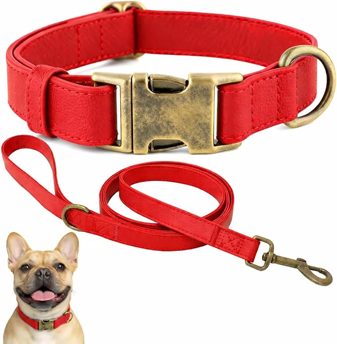 Silicone Dog Collar and Leash Set, Waterproof & Odor-Proof Puppy Collar for Small Dogs, Soft Flexible Leather-Look Dog Collars, Durable Thick Adjustable Pet Collar (Red, Medium (12.5-20" Neck))