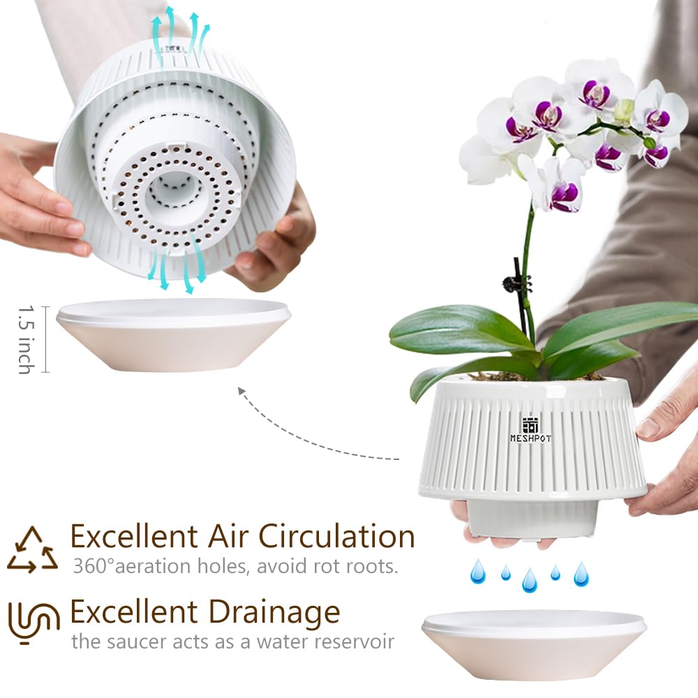 Meshpot 5 inch Orchid Pots with Holes for Repotting,Set of 1,Decorative African Violet Pots with Air-Pruning and Good Air Circulation,Plastic White Orchid Planter with Saucers